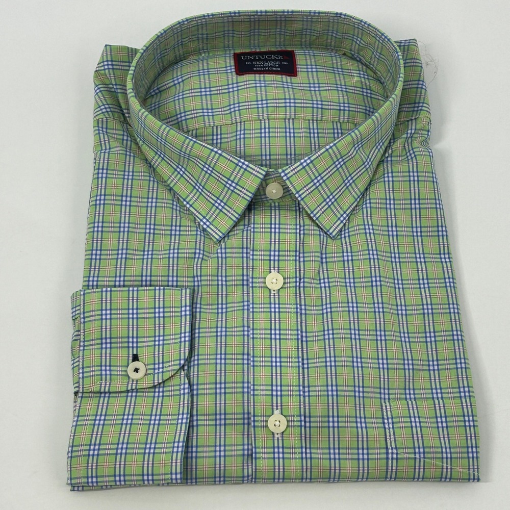 UNTUCKit Frascati Shirt Men's XXXL Green Blue Plaid Long Sleeve Button Up NEW